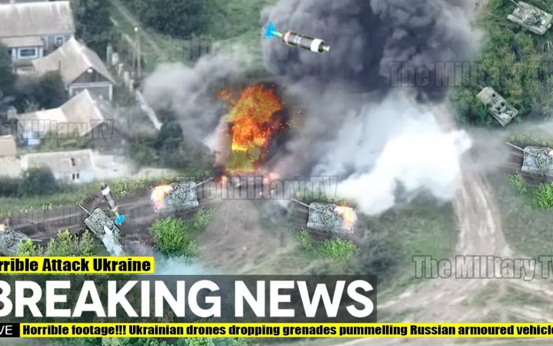 Horrible footage!!! Ukrainian drones dropping grenades pummelling Russian armoured vehicles