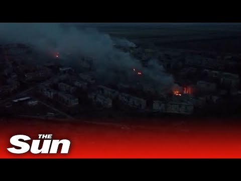 Drone video shows plumes of smoke over city of Vuhledar in Ukraine's east