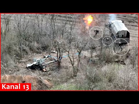 Drone fired continuously at Russian ammunition truck – the invaders fell down and ran into trench