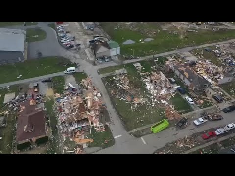Drone video shows tornado damage in Whiteland, Indiana