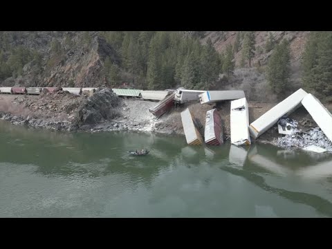 Drone Video: Train cars derail into river near Quinn's Hot Springs