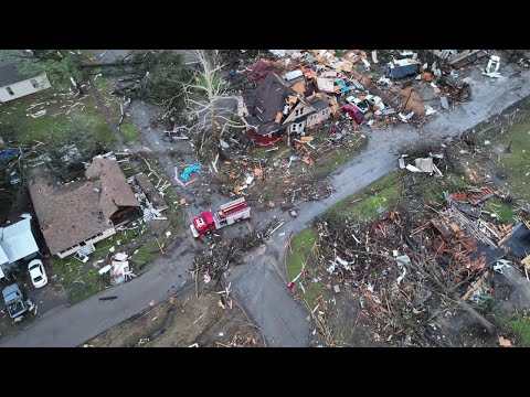 Drone video of tornado destruction in Wynne, Arkansas