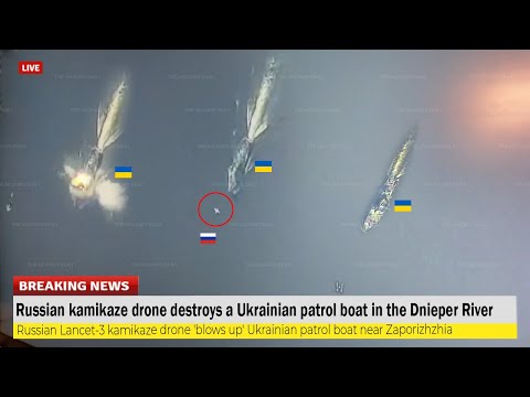 Horrible footage!! Russian kamikaze drone destroys a Ukrainian patrol boat in the Dnieper River