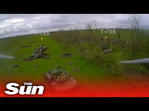 Ukrainian Kamikaze drone crashes into Russian tanks in huge blast