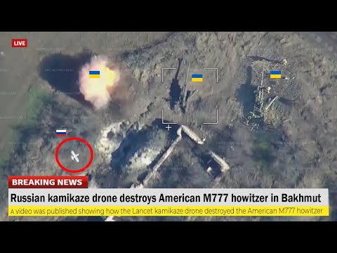 Horrible footage (Apr 15 2023) Russian kamikaze drone destroys American M777 howitzer in Bakhmut