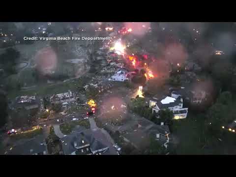Drone video shows tornado destruction in Virginia Beach