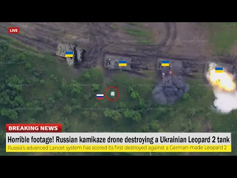 Horrible footage (June 16) Russian kamikaze drone destroys a German-made Ukrainian Leopard 2 tank