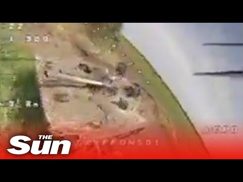 Moment Ukrainian FPV-kamikaze drone hits and blows up Russian tank