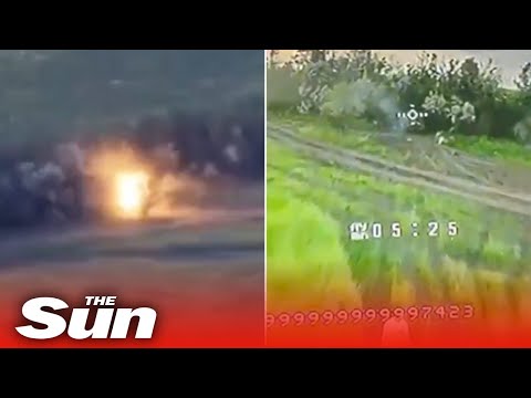 Ukrainian Kamikaze drone crashes into Russian tank and blows it to pieces