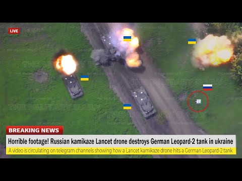 Horrible footage (July 25) Russian kamikaze Lancet drone destroys German Leopard 2 tank