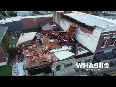 Drone video of storm damage in Paoli, Indiana after severe weather
