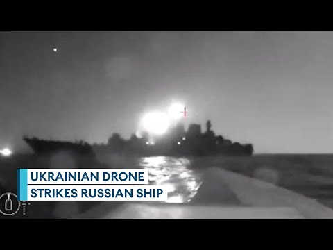 Video appears to show Ukrainian drone boat striking Russian warship