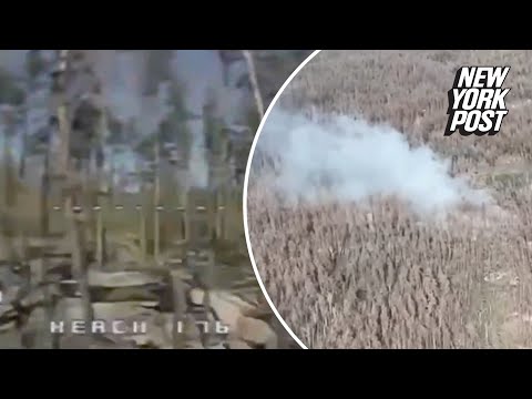 Hair-raising moment Ukrainian kamikaze drone flies into Russian forest hideout and explodes
