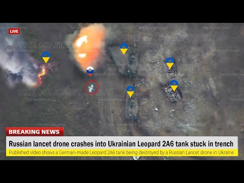 Horrible footage!! Russian lancet drone crashes into Ukrainian Leopard 2A6 tank stuck in trench